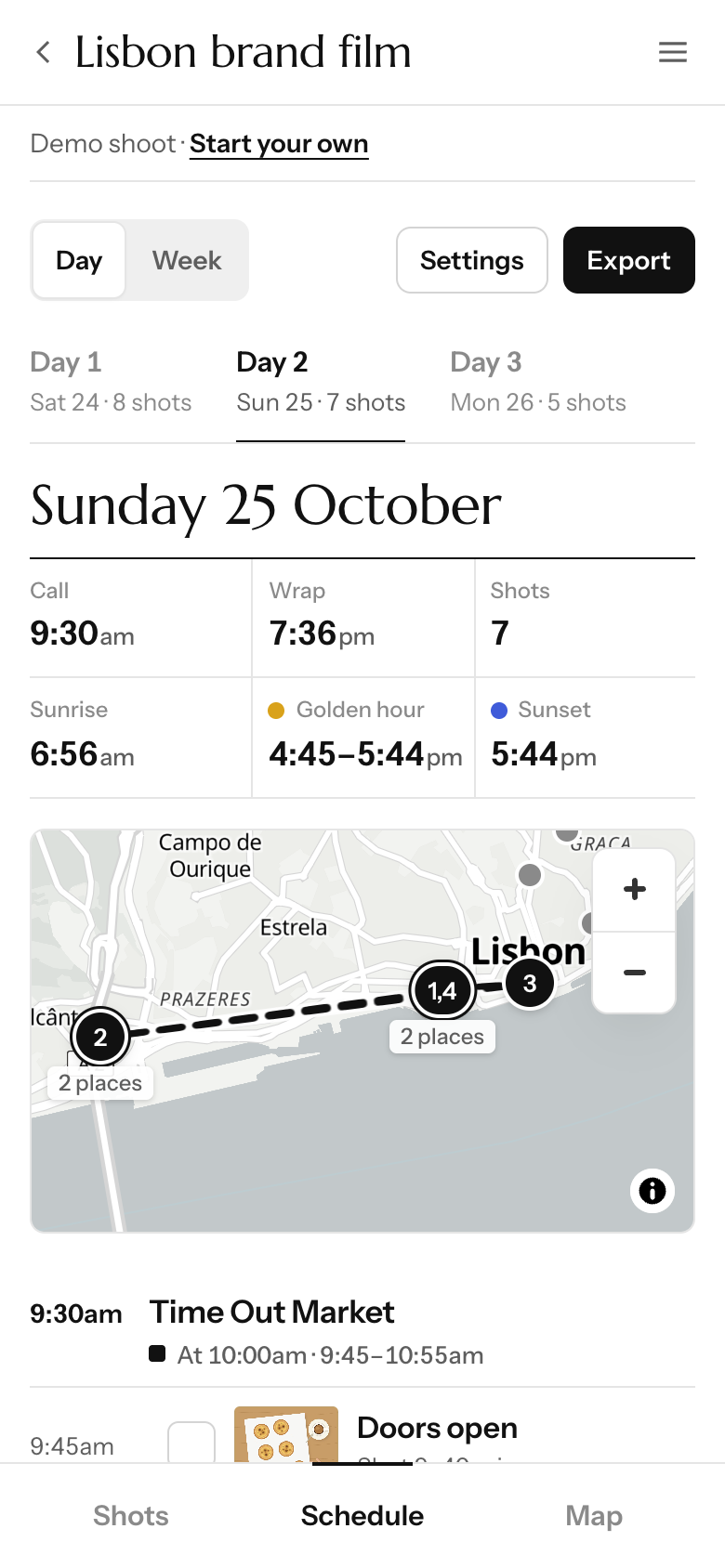 ShotWalk on a phone: one day of a sample shoot in order, with sunrise, golden hour and sunset times, the drive between locations, and the breaks.