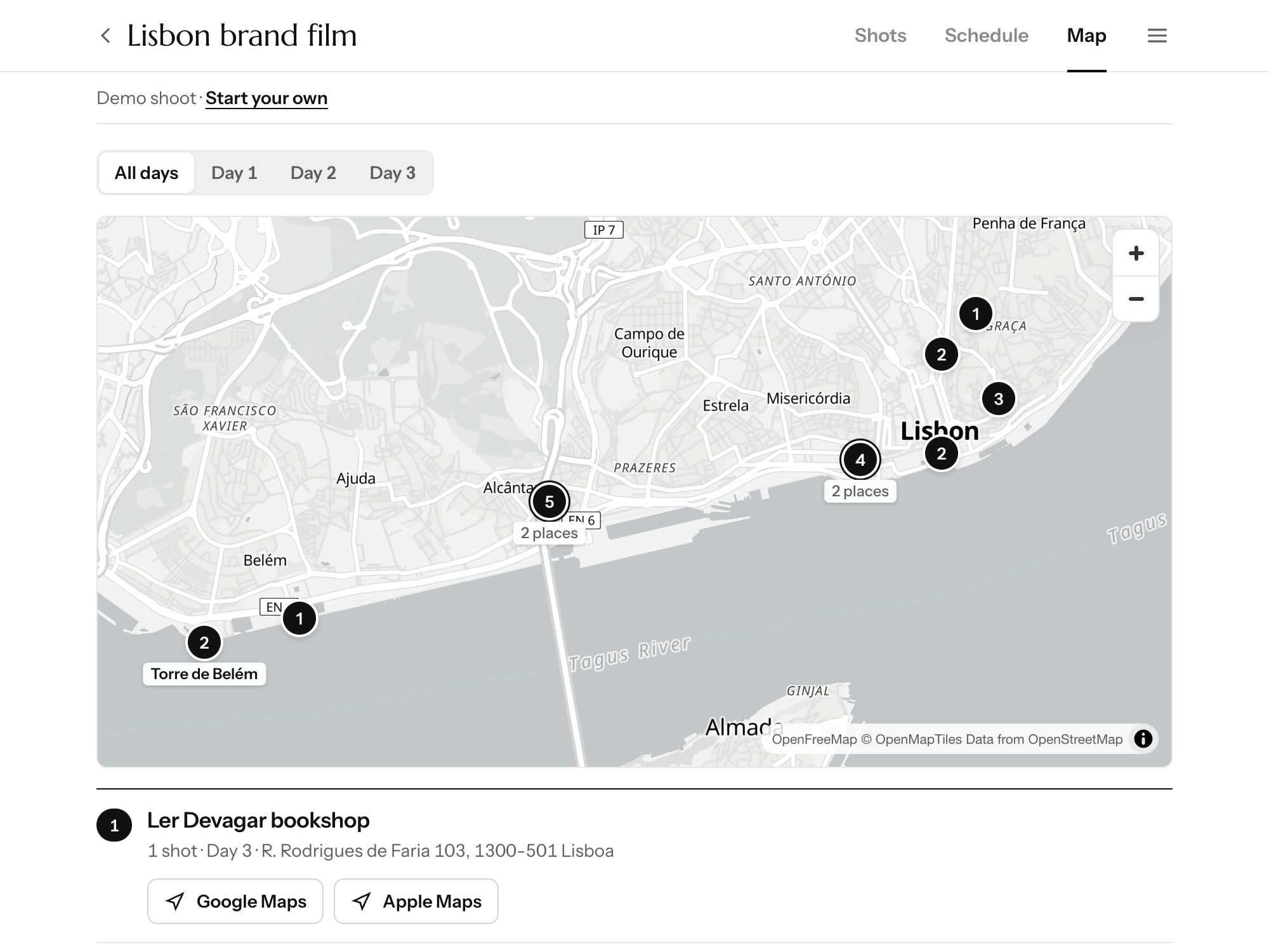 A street map with the day’s stops numbered in order, walk and drive times between them, and buttons for Google Maps and Apple Maps directions.