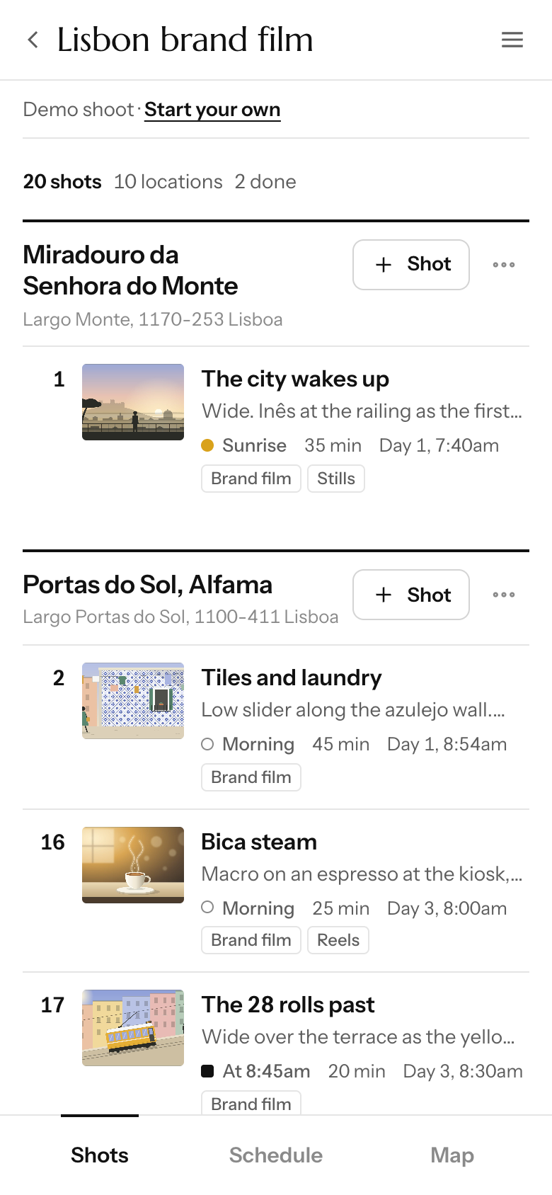 Sharing a shoot on a phone: an edit link and a view-only link, and the crew list with each person’s role.