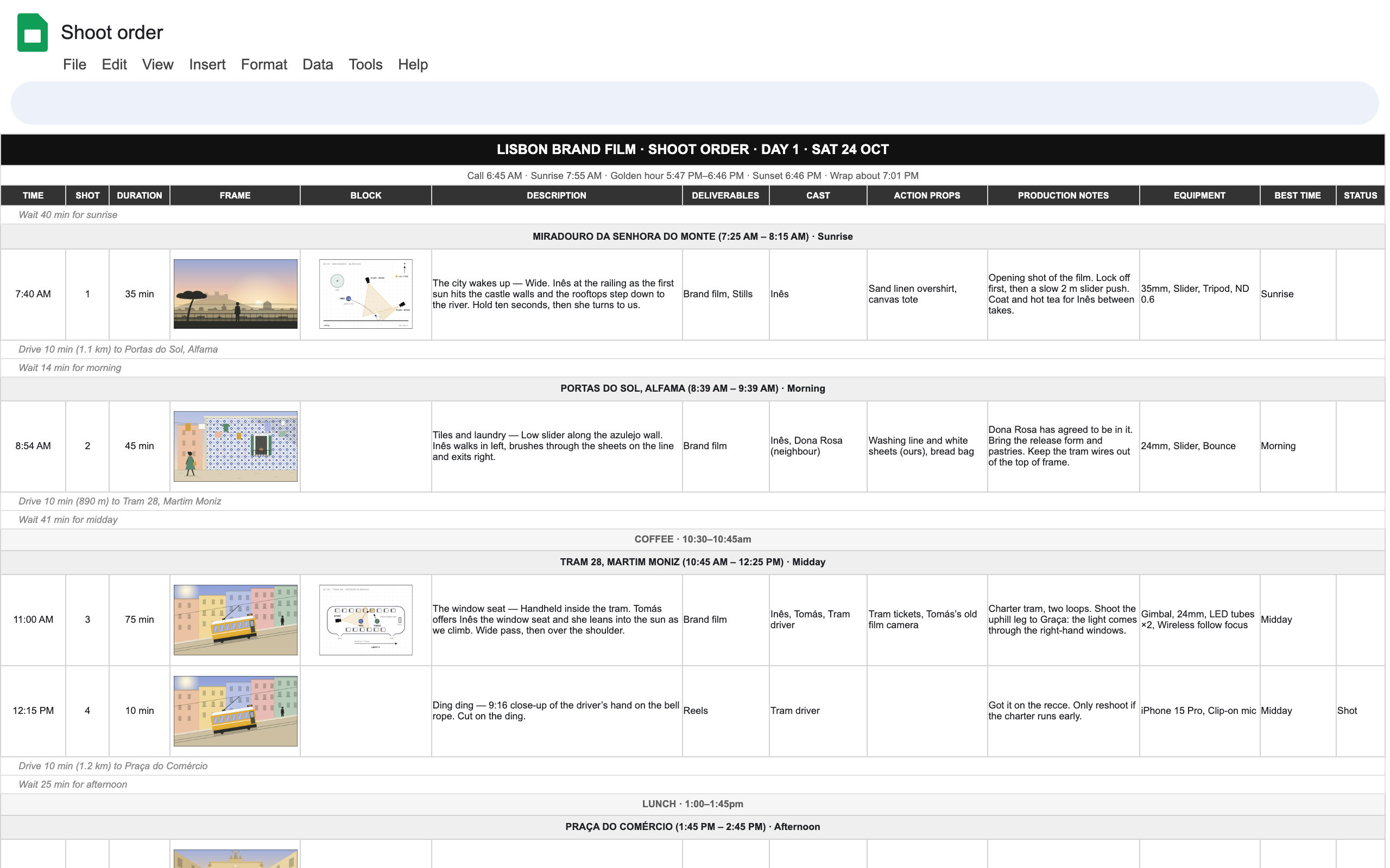 The shoot order pasted into Google Sheets: time, moves, location, light, shot, a storyboard picture per row, cast and props, with day headers and breaks.